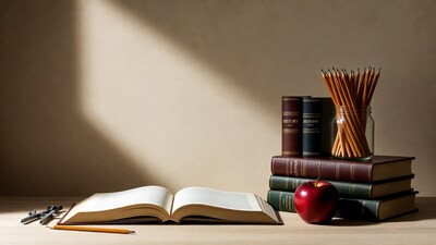 Books Pencils Apple Desk Still Life
