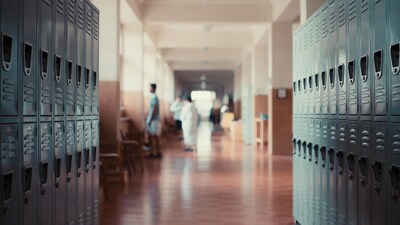 School hallway with lockers and students