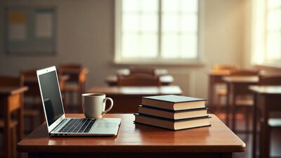 Laptop books coffee on classroom desk
