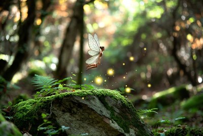 Fairy flying over mossy rock in forest