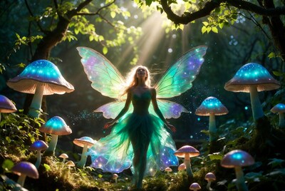 Blonde fairy with wings in mushroom forest
