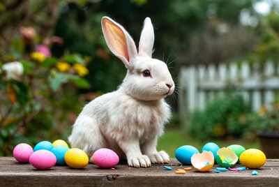 White bunny with colorful Easter eggs