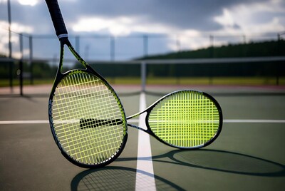 Green tennis rackets on court