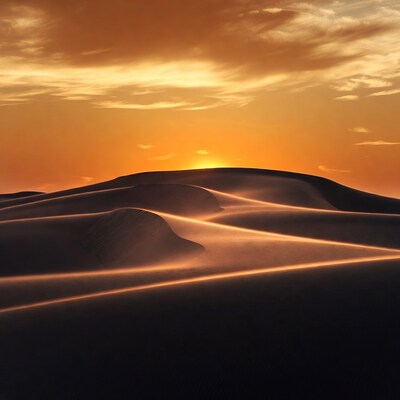 Sunset over desert sand dunes