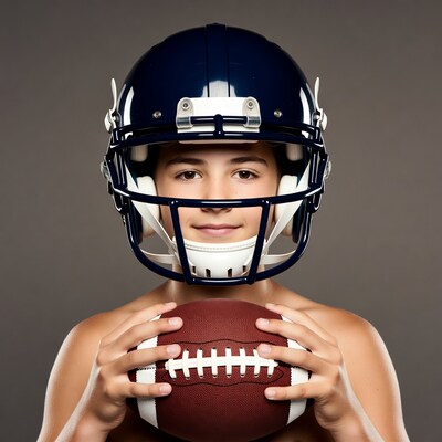 Boy holding football in helmet