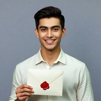 Young man holding sealed envelope