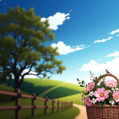 Wicker basket of pink flowers with bird
