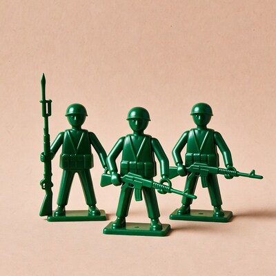 Three green army men toys with rifles