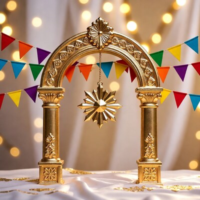 Golden Arch with Star and Colorful Bunting