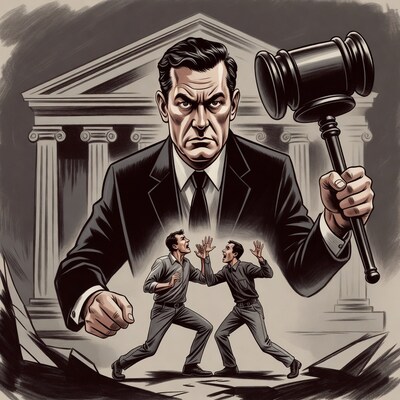 Judge with gavel towering over fighting men