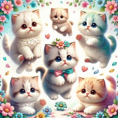 Cute Kittens with Flowers Illustration