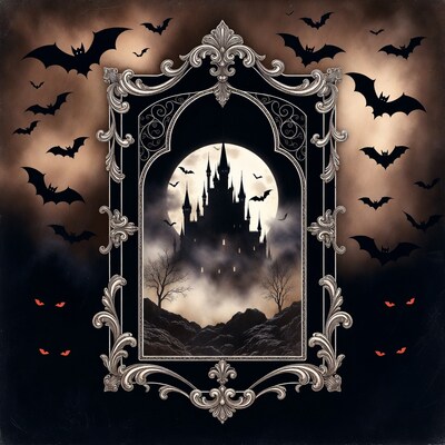 Haunted castle in ornate frame with bats