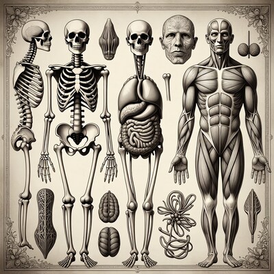 Human Anatomy Illustration with Skeleton Muscles Organs