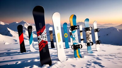 Colorful snowboards on snowy mountain