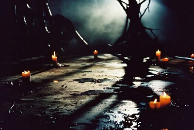 Candles on Wet Path in Dark Forest