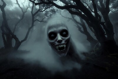 Ghostly Woman Roaring in Foggy Forest