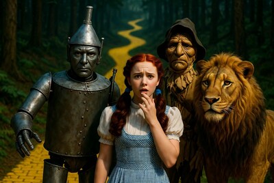 Dorothy with Tin Man Scarecrow Lion