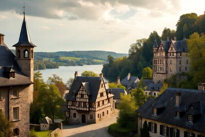Medieval village with castle by river