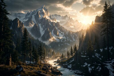 Majestic Snowy Mountains with River and Bridge