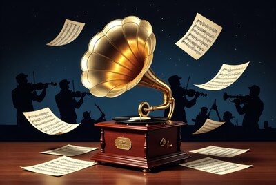 Vintage gramophone with flying sheet music