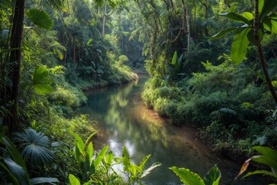 Serene river in lush rainforest