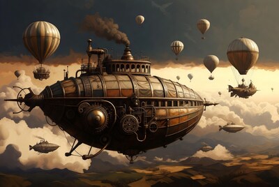 Steampunk Airship Fleet in Clouds