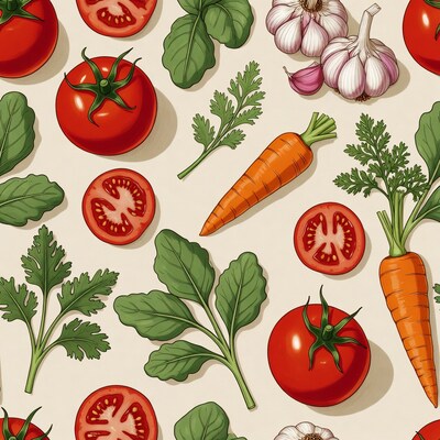 Tomatoes carrots garlic herbs illustration