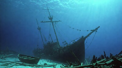 Sunken pirate ship underwater wreck