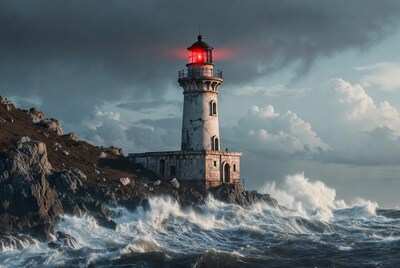 Lighthouse with red beam on stormy cliff