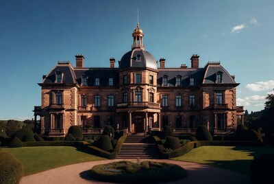 Grand sandstone chateau with manicured gardens
