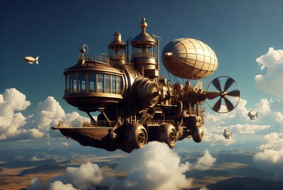 Steampunk Airship Flying in Clouds