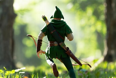 Robin Hood figure running in forest