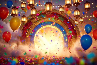 Colorful Rainbow Arch with Lanterns and Balloons