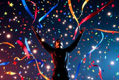Man raising arms in confetti celebration