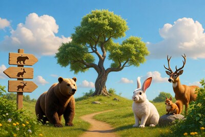 Bear Rabbit Deer Squirrel by Tree