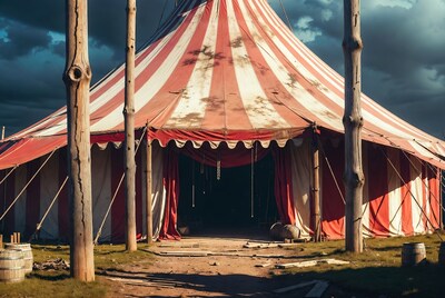 Abandoned striped circus tent entrance