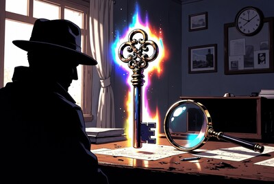 Detective silhouette with glowing key