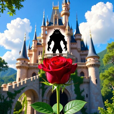 Red Rose with Beast Silhouette Castle