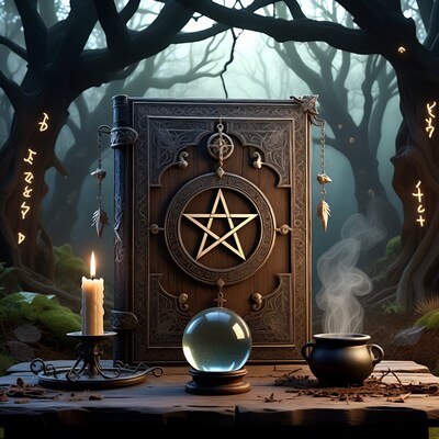 Witchcraft Book with Crystal Ball and Candle