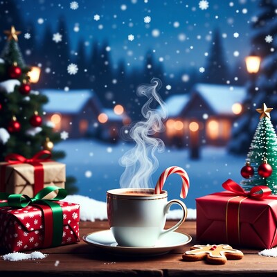 Hot cocoa with gingerbread on snowy Christmas table