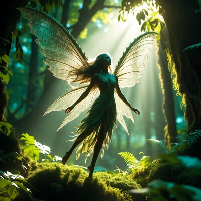 Fairy with translucent wings in forest