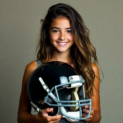 Girl holding football helmet