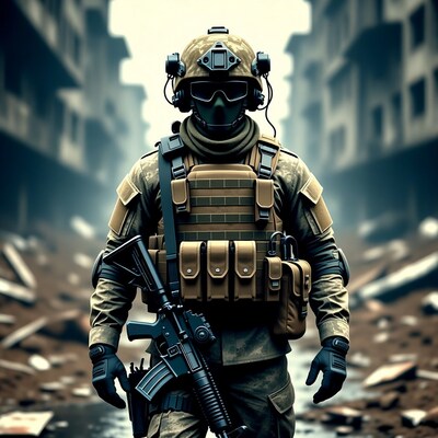 Soldier with rifle in ruined city