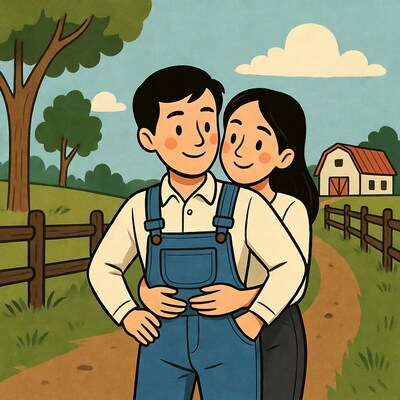 Asian couple hugging in farm field