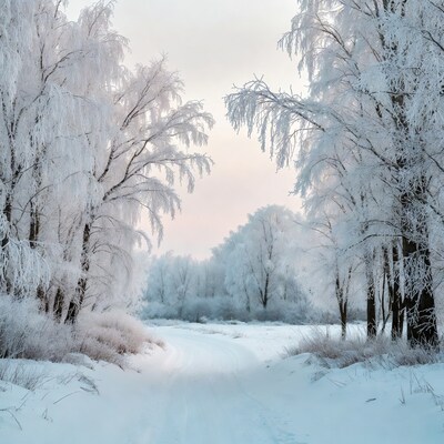 Snowy Path Through Frosted Trees