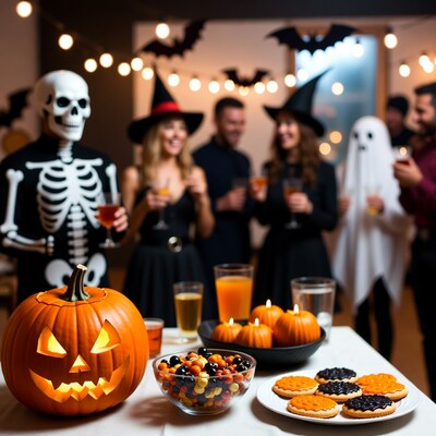 Halloween Party with Jack-o-Lantern and Costumed Guests