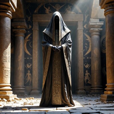Hooded figure in ancient temple