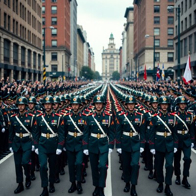 Military parade soldiers marching in city street