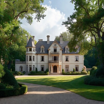 Elegant Chateau with Turret in Lush Gardens