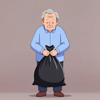 Elderly man holding black trash bag